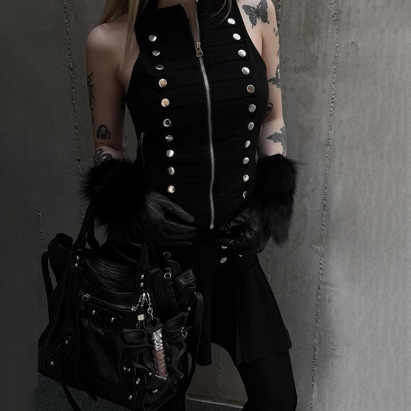 Dark Asian Culture Multi Metal Buckle Stand Collar Zipper Slim Fit Short Sexy Sleeveless Top for Women