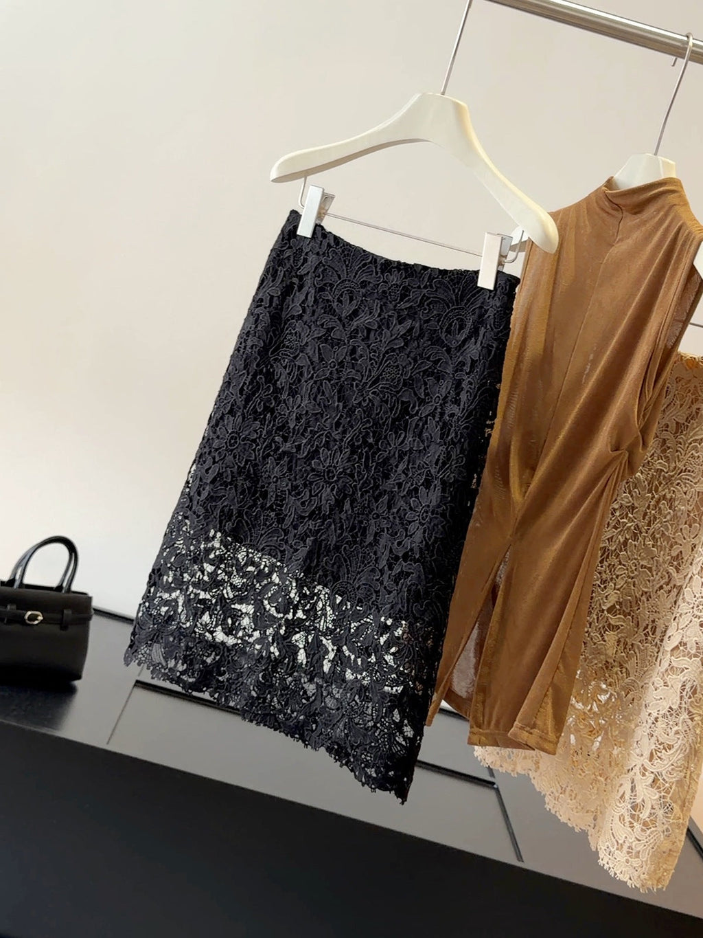 French Lace Hollow Out Cutout out Skirt for Women Summer Wild High Waist Slimming Sheath A line Mid Skirt