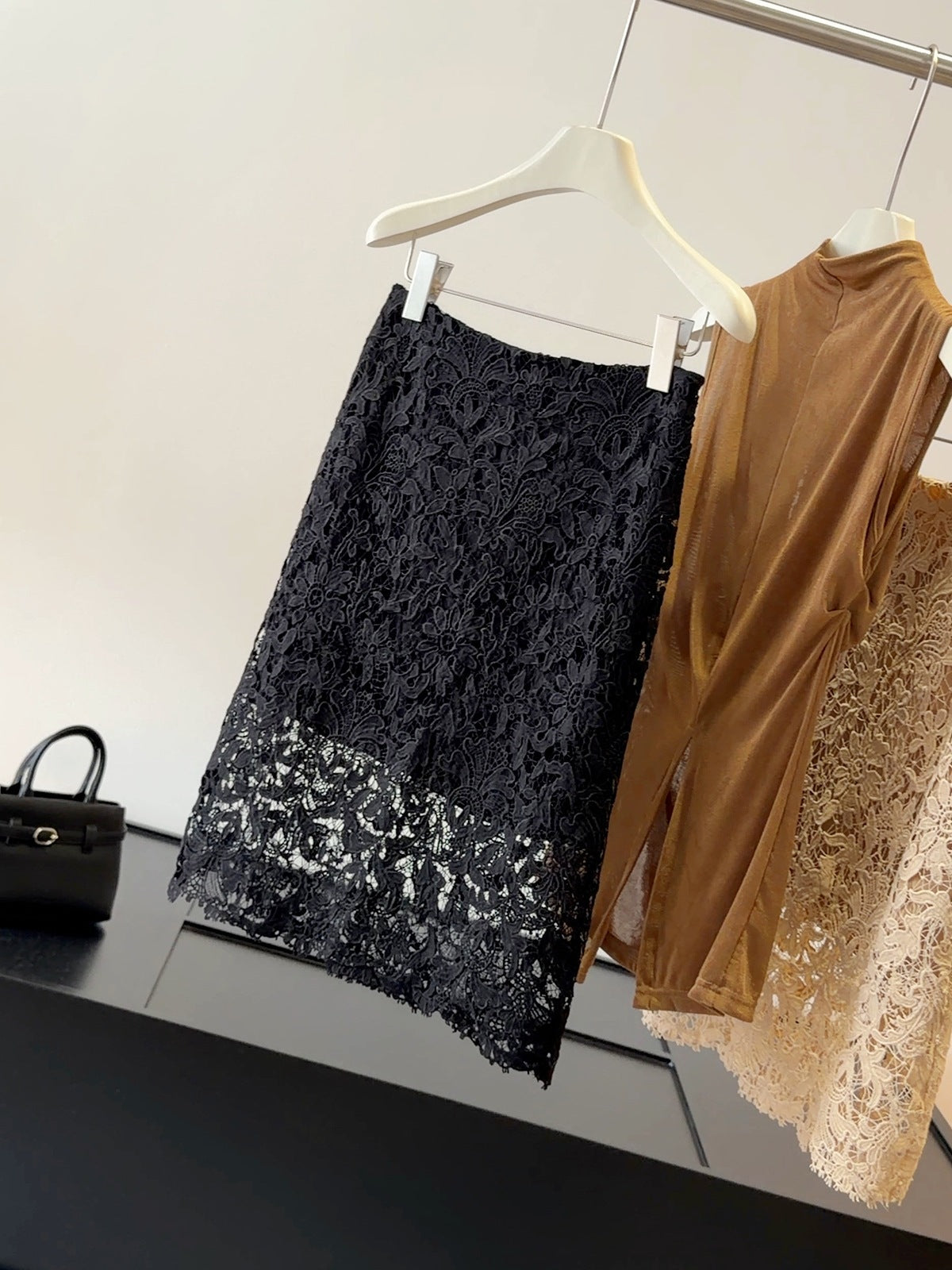 French Lace Hollow Out Cutout out Skirt for Women Summer Wild High Waist Slimming Sheath A line Mid Skirt