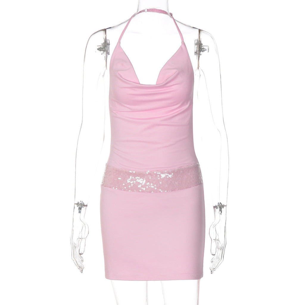 Women Clothing Summer Sexy Low Cut Swing Collar Halter Backless Skinny Sheath Dress