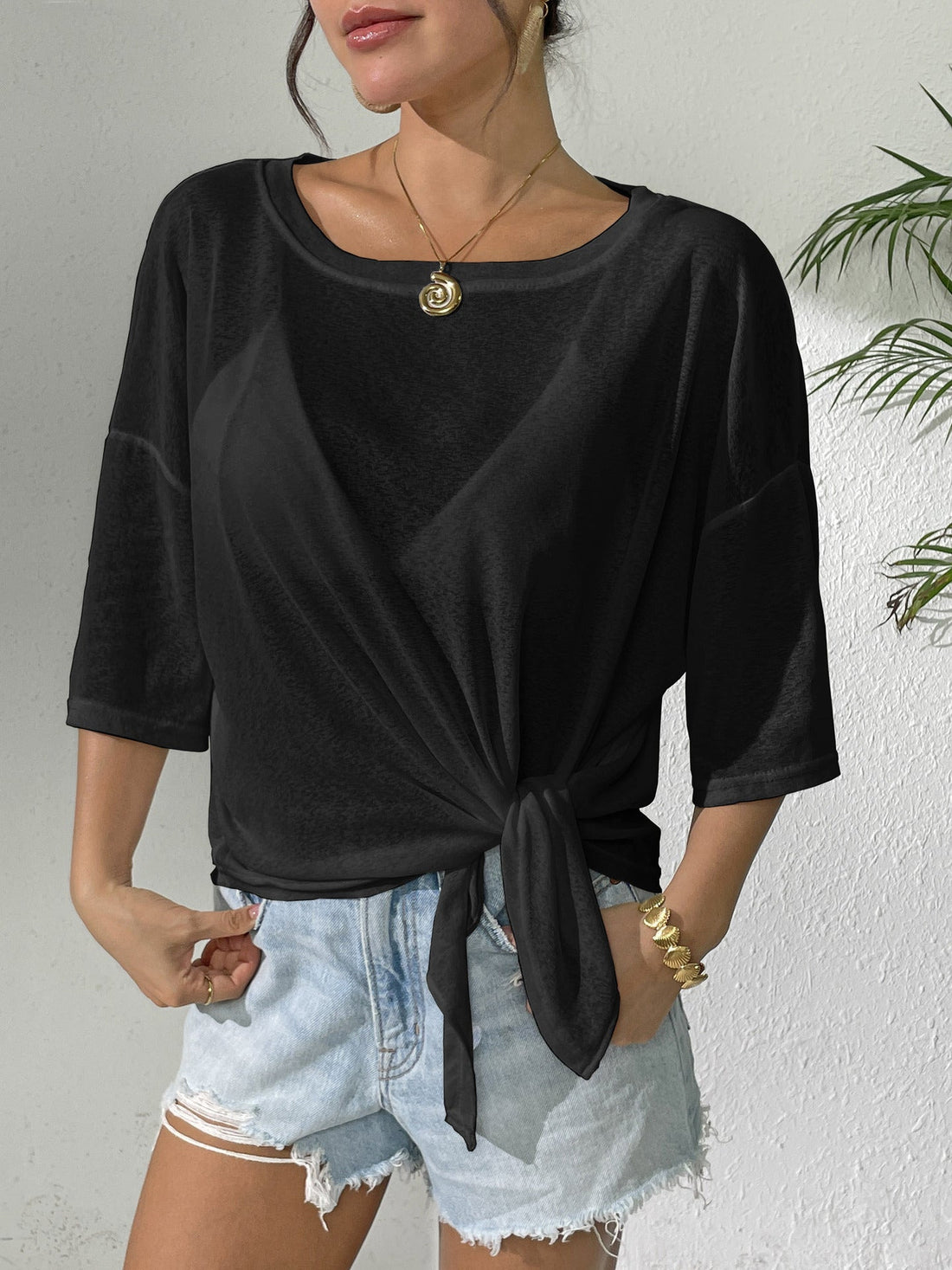 Off-Shoulder Boho Beach Cover-Up: Lightweight Knit Tie-Front Top