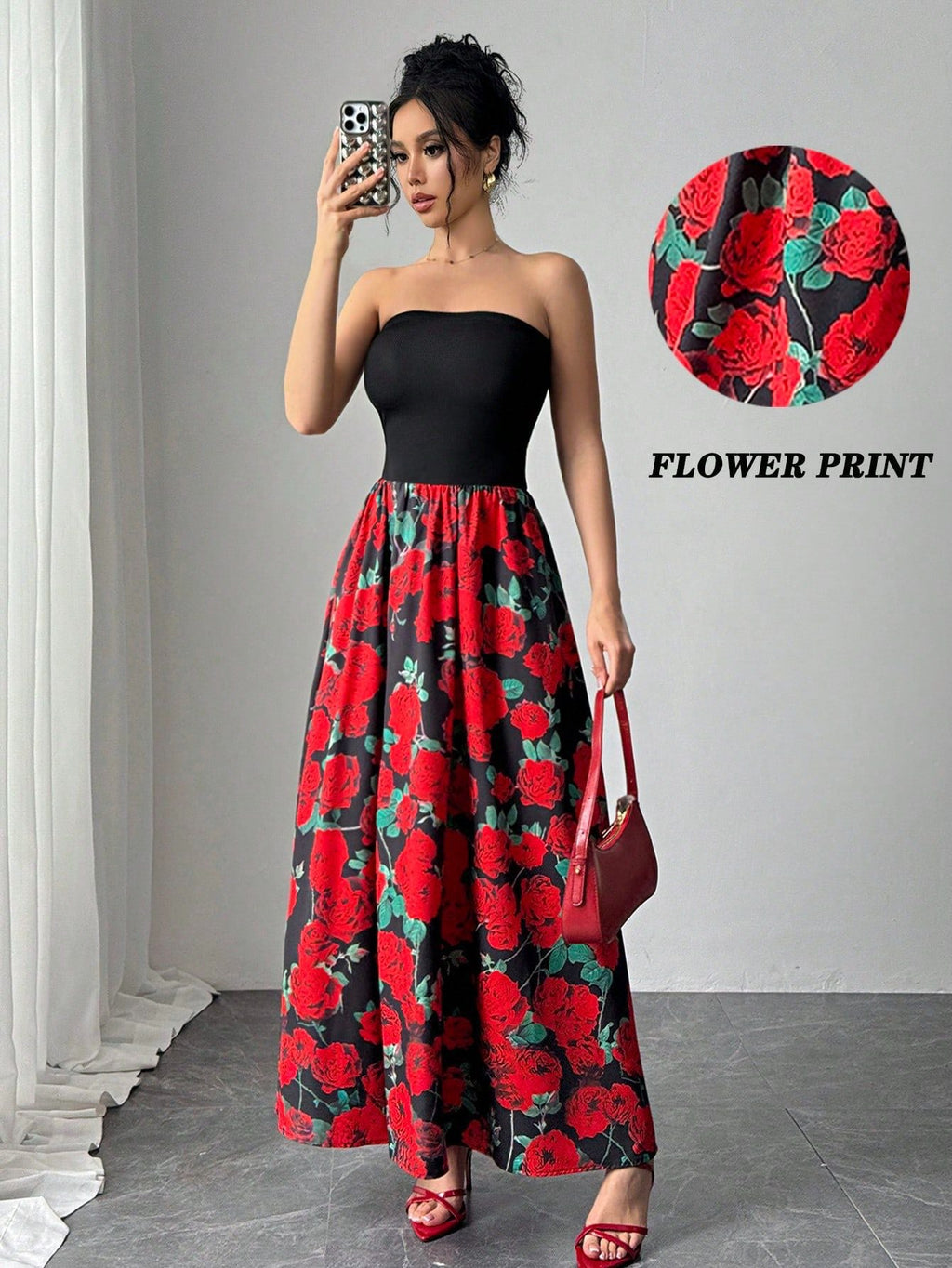 Spring Summer Elegant Lady Rose Print Short Stitching Bandeau Sexy Maxi Dress
