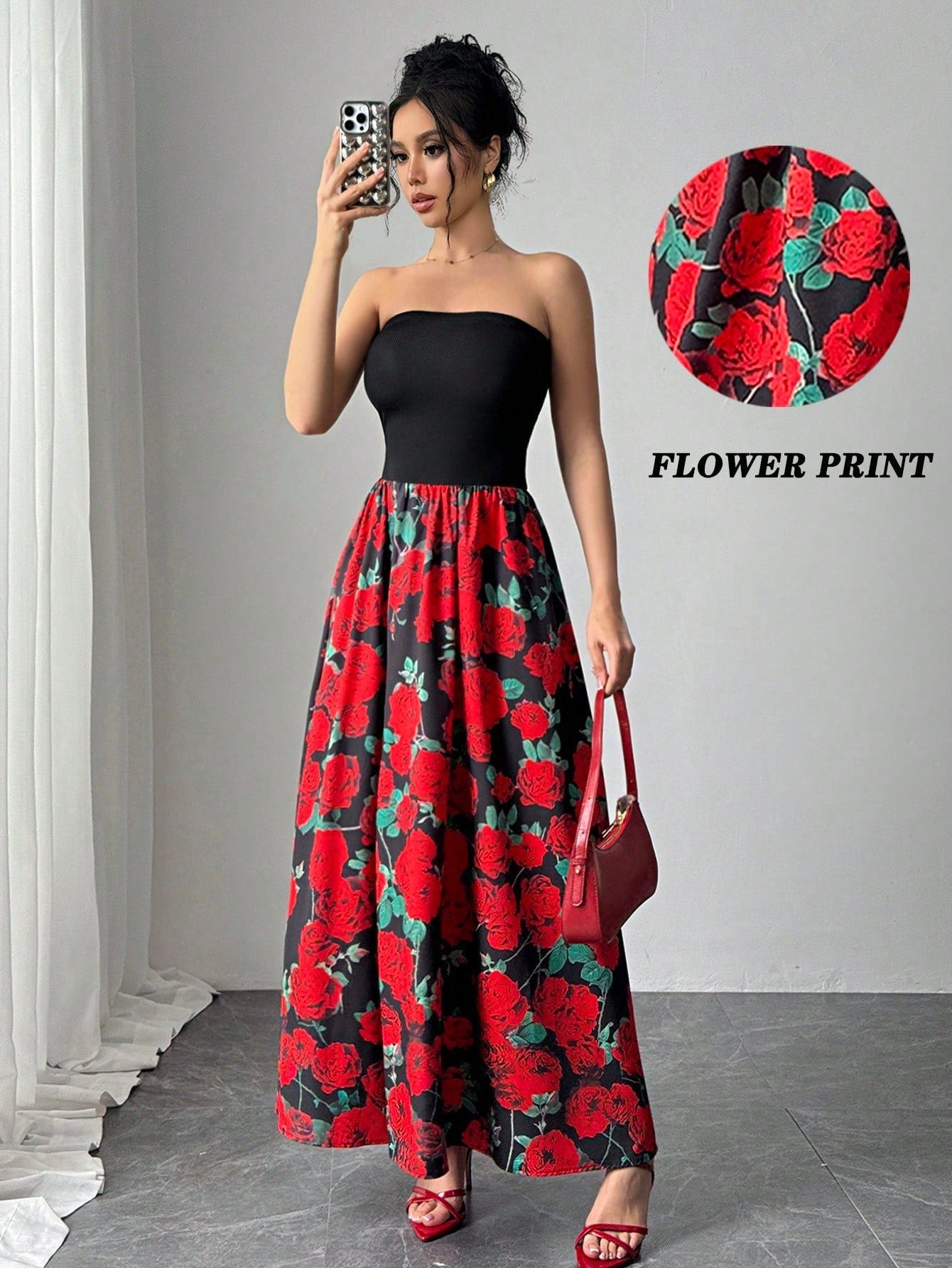 Spring Summer Elegant Lady Rose Print Short Stitching Bandeau Sexy Maxi Dress