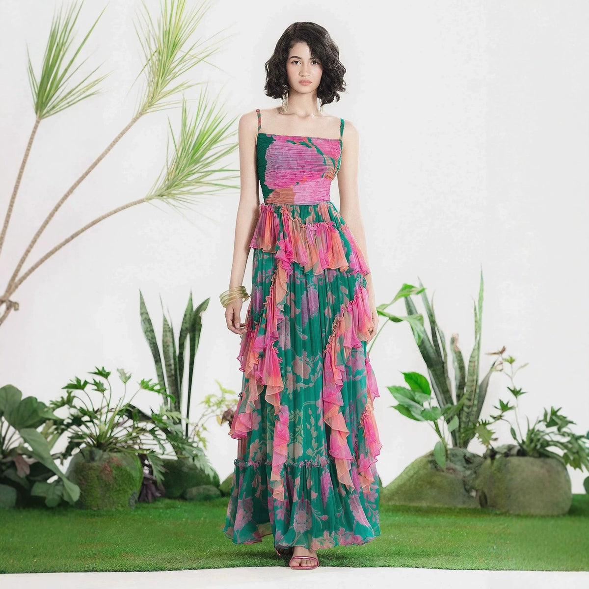 Autumn Floral Print Pleated Suspender Chiffon Midi Dress