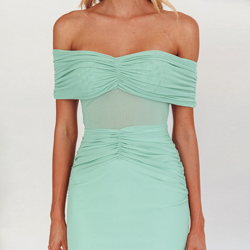 Solid Color Tube Top off Shoulder Mesh Pleated Slim Fit Maxi Dress Dress