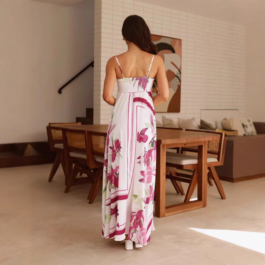 Printed Sling High Waist A line Dress Casual Vacation Spaghetti Straps Maxi Dress
