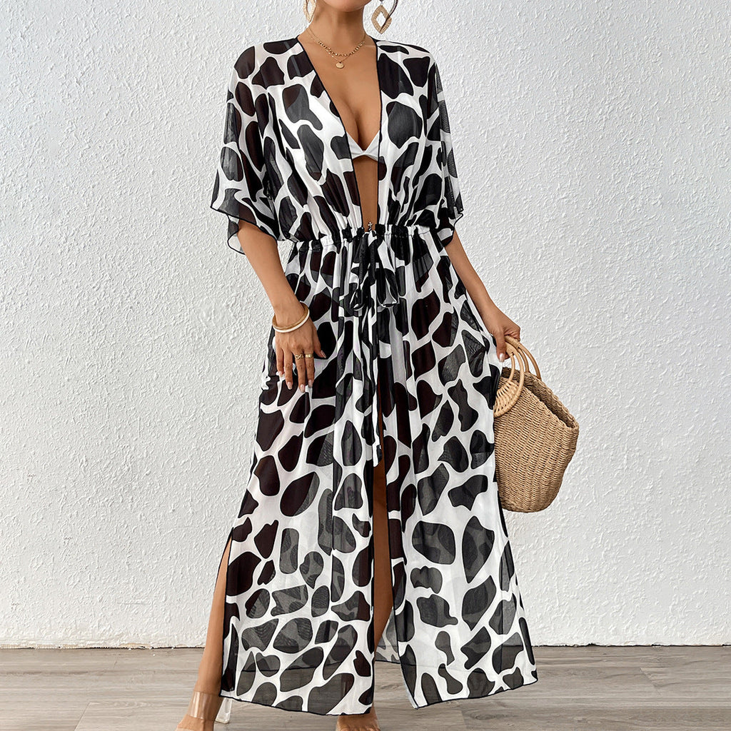 Women Cardigan Women Clothing Batwing Sleeve Lace up Waist Controlled Leopard Print Mesh Beach Beach Cover Up