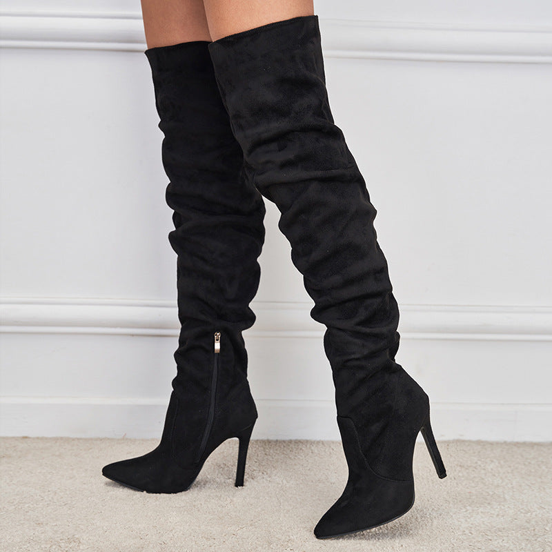 Pointed-Toe Suede Stiletto Boots with High Zipper — European / American Chic