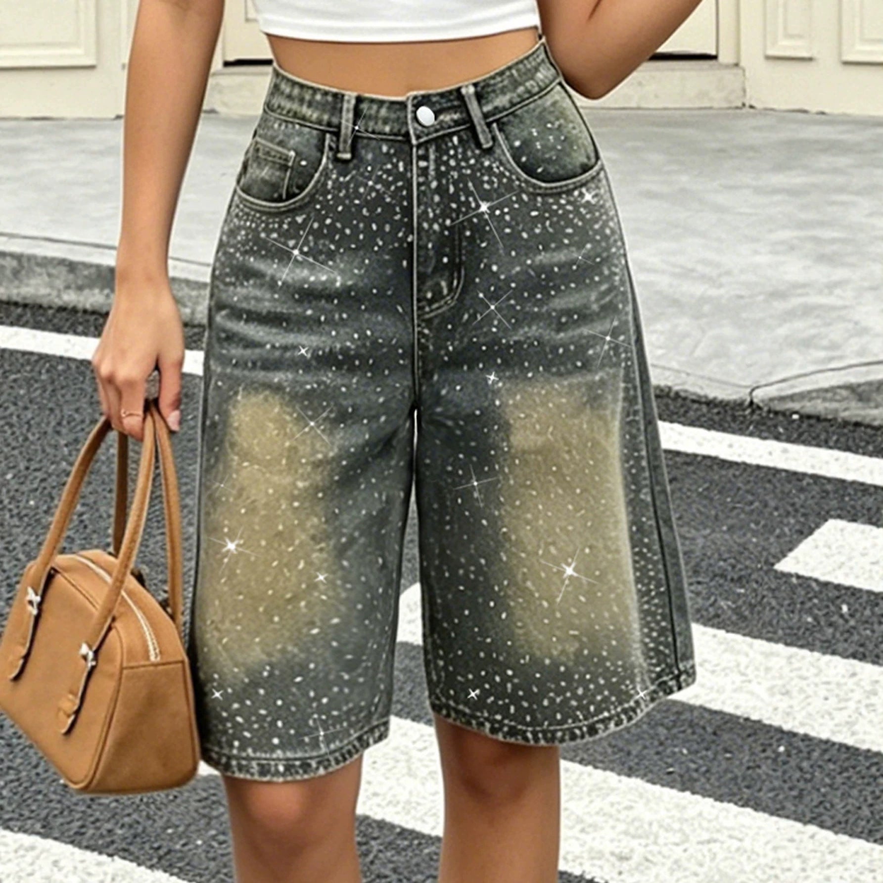 Rhinestone Wide Leg Jeans for Women Spring Autumn Design Trendy Do the Old Cowboy Sexy Middle Pants for Women