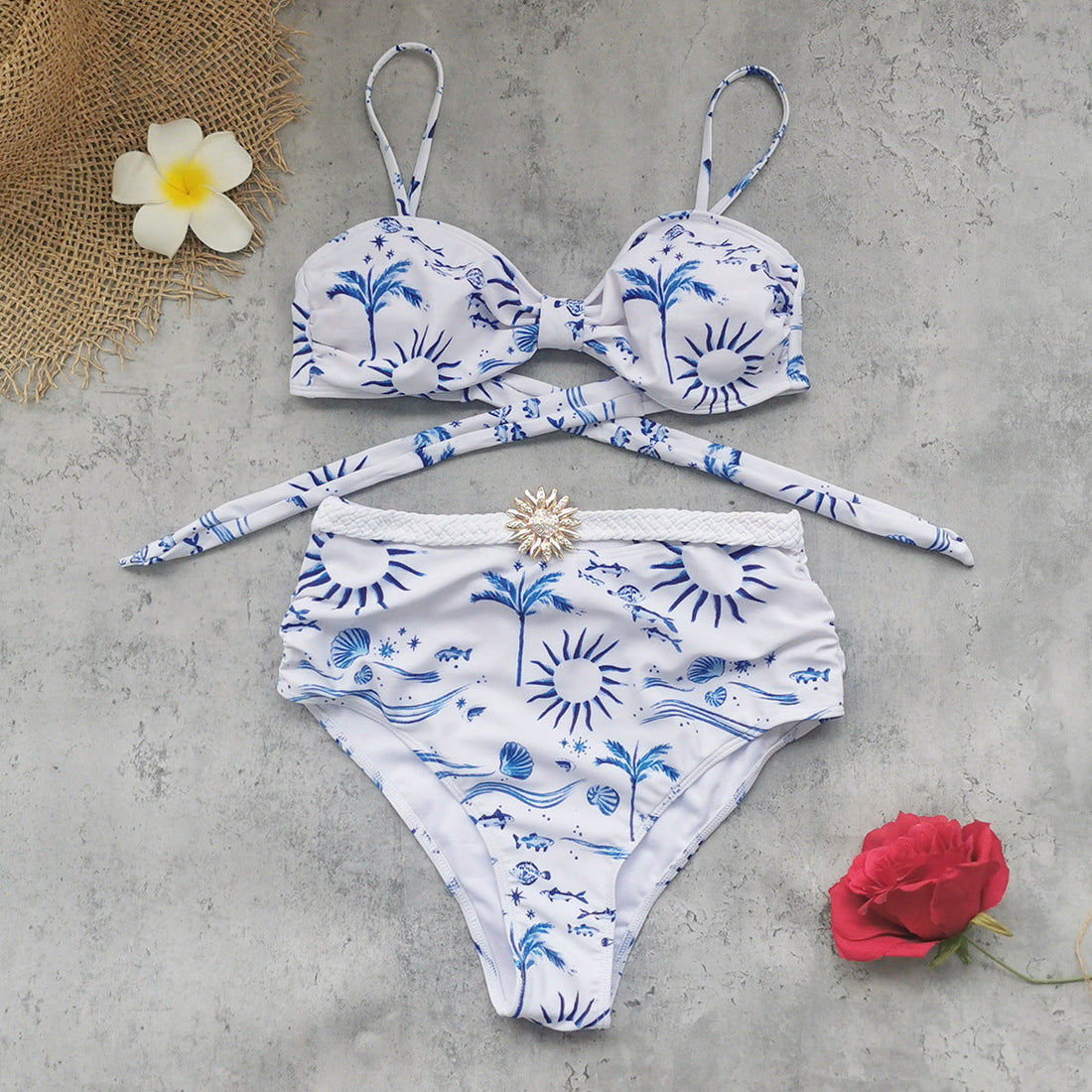 Ruched High Waist Bikini Set in White and Blue Nautical Print