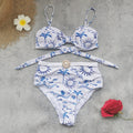 Ruched High Waist Bikini Set in White and Blue Nautical Print