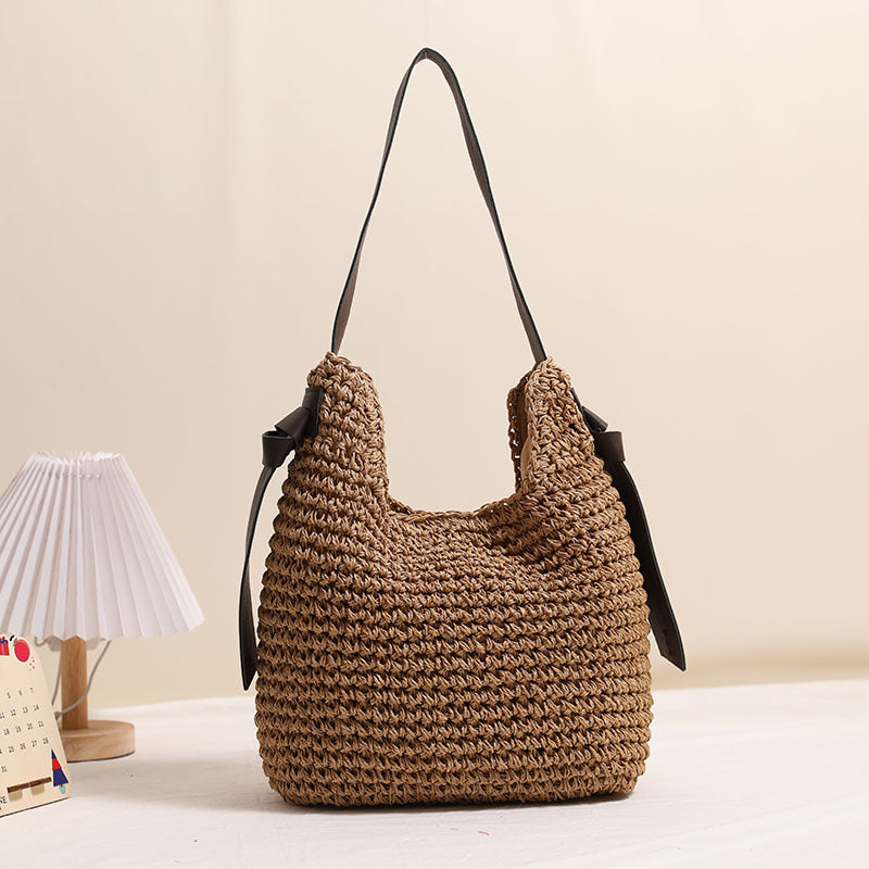 Woven Straw Shoulder Bag with Tassel Detail Casual Beach Tote - Image 2