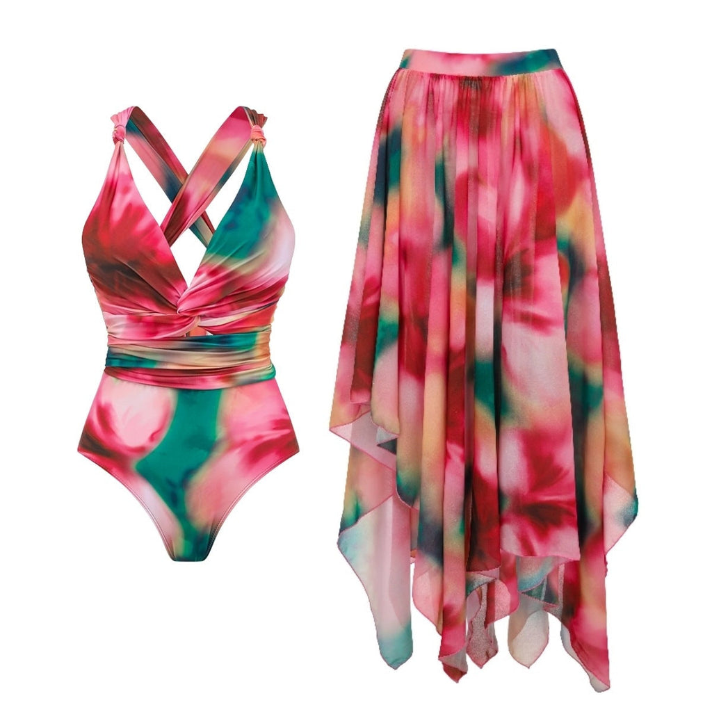 Swimsuit V neck Back Cross Strap Blooming One Piece Swimsuit Women