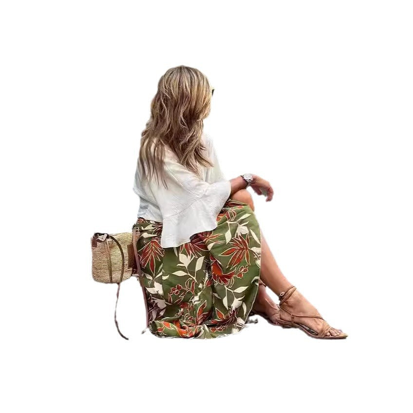 Women's Green Floral Print Maxi Skirt