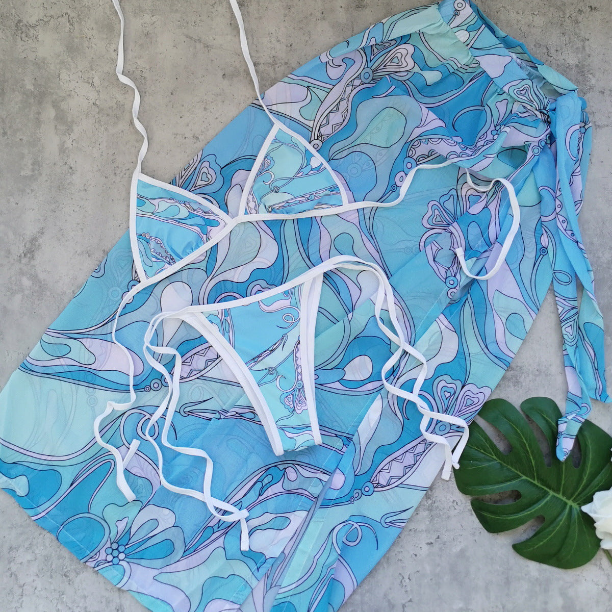 Printed Three-Piece Halter Bikini Set with Backless Cover-Up Skirt