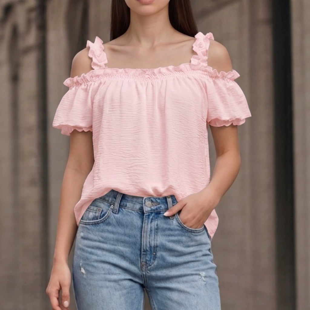 All Match Solid Color V neck Ruffled off the Shoulder Casual Sling Top