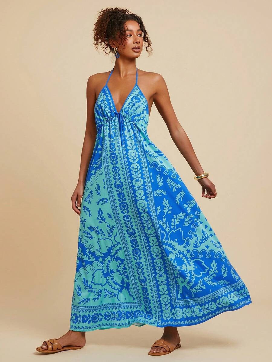 Summer V neck Backless Sexy Positioning Printed Burnt Floral Dress