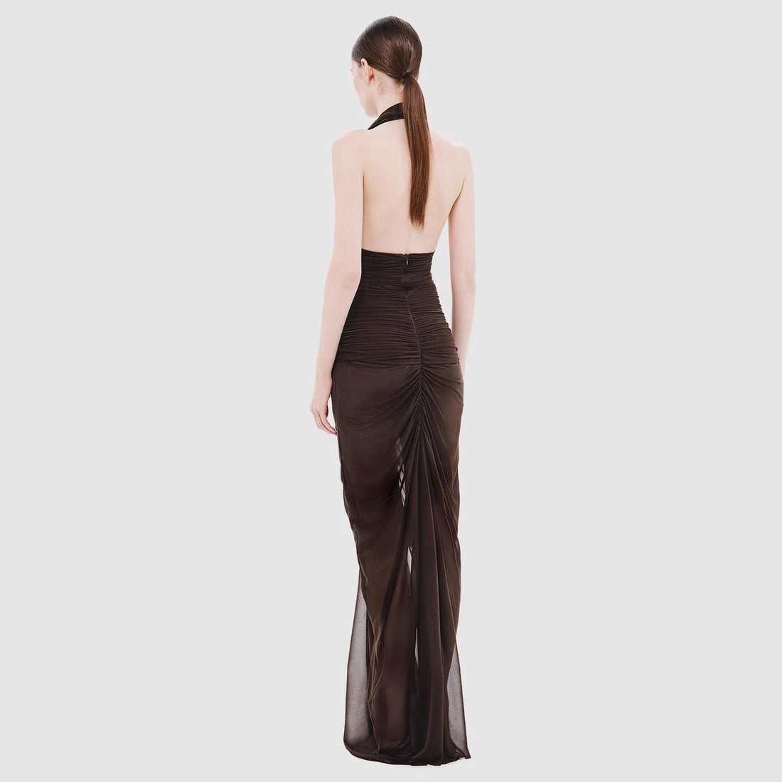Sexy V-Neck Backless Ruched Halter Dress Slim Fit Evening Gown