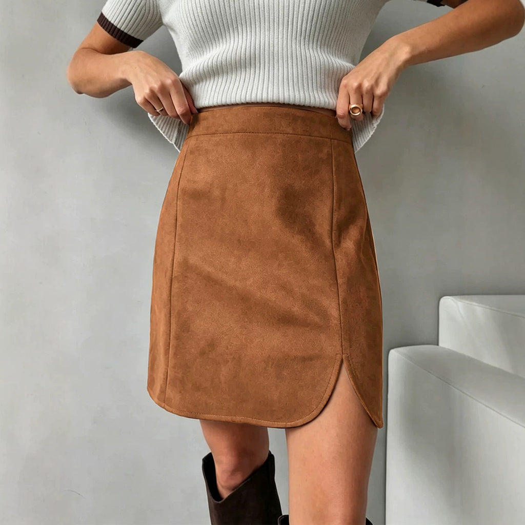 Autumn Winter Women Clothing Suede Skirt High Waist Zipper Solid Color Sheath Split Skirt