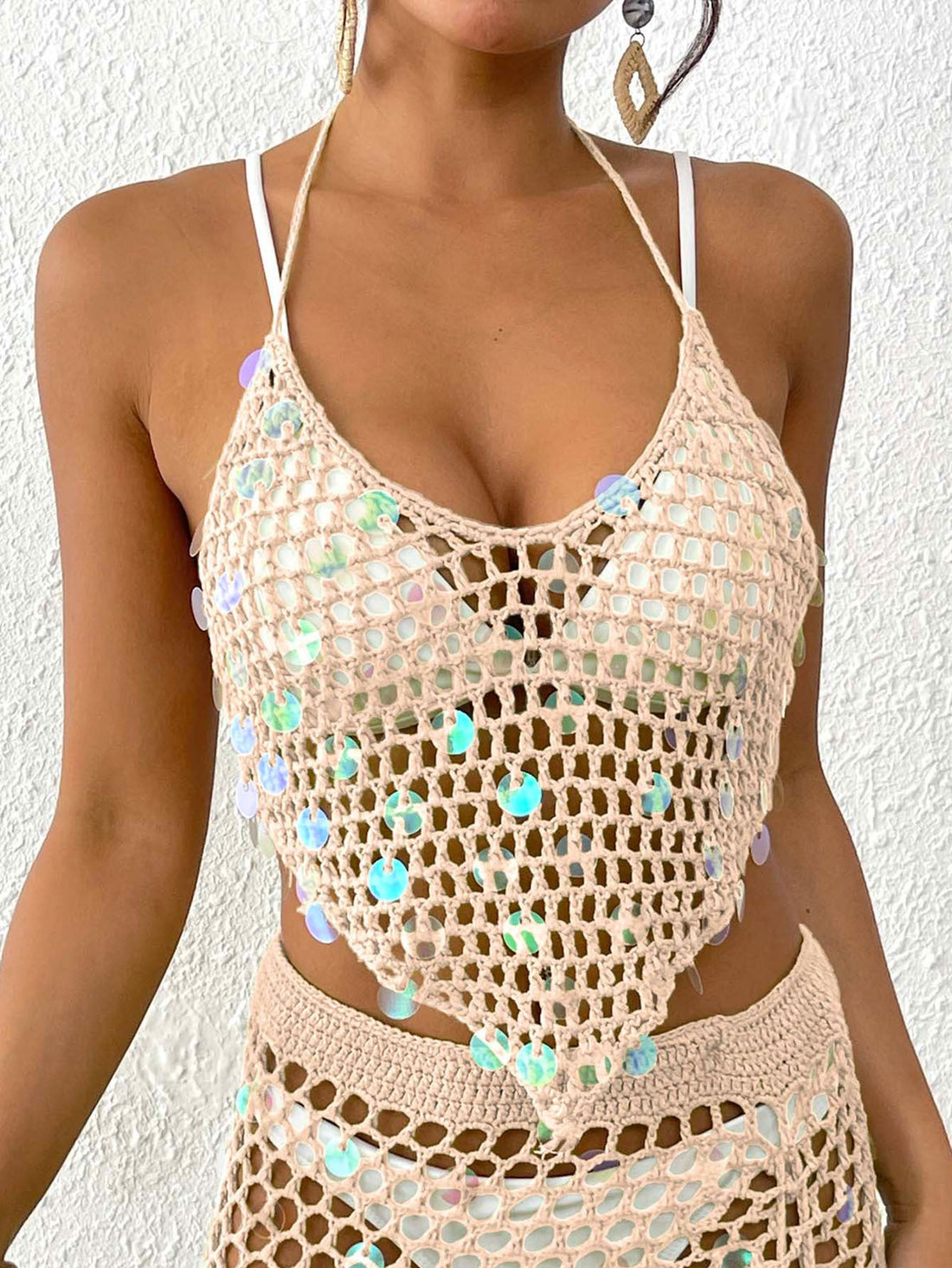 Boho Crochet Sequin Bikini Top Asymmetric Vacation Beach Blouse