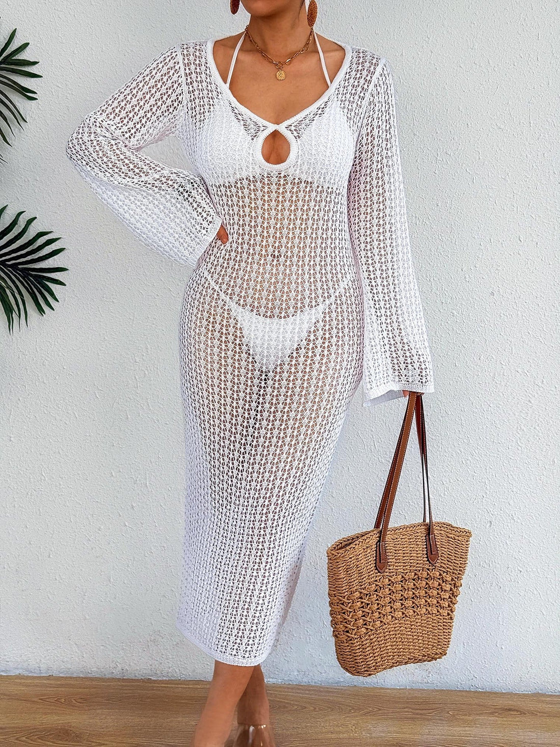 Women Hollow Out Deep V Mesh Maxi Beach Dress Long Sleeve Cover Up