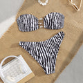 Black and White Striped Cutout Tube Top Split Bikini Set