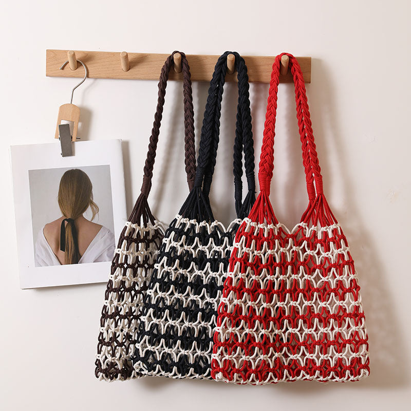 Woven Macrame Tote Bag for Beach Vacation Stylish Handheld Purse - Image 5