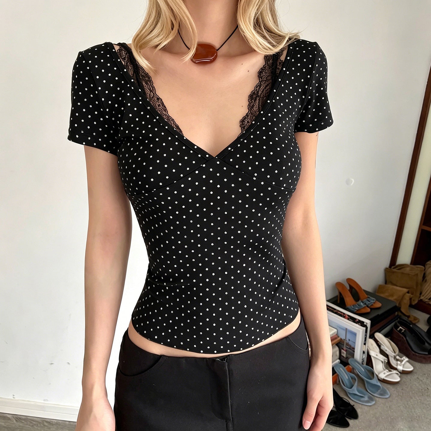 Summer Sexy Slim Fit All Match V Collar Polka Dot T shirt Lace Stitching Underwear Two Piece Sets