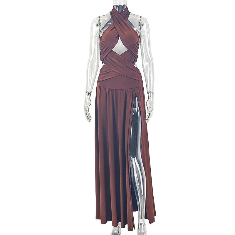 Sexy Backless Women Clothing Solid Color Split Asymmetric Halter Sleeveless Solid Color Slim Dress