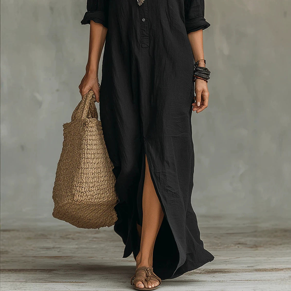 Women Elegant Button Collared Slit Elegant Dress