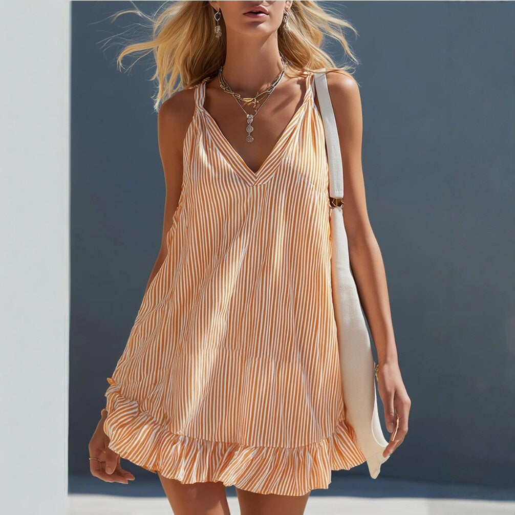 Summer Ruffled Sleeveless V neck Sling Mini Dress Holiday