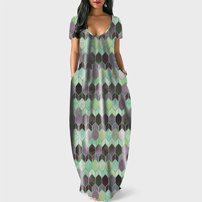 Women round Neck Pocket Short Sleeve Printed Dress