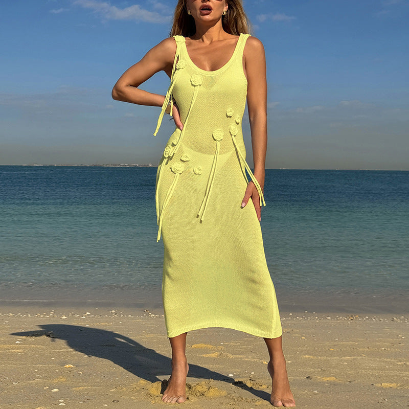 Women’s 3D Floral Knit Midi Dress Scoop Neck Bodycon Beach Dress