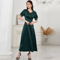 Women Clothing Summer Casual High Waist Solid Color V neck Puff Sleeve Dress