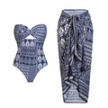 Retro Ethnic Navy Blue Tube Top One Piece Swimsuit Women Two Piece Set Hollow Out Cutout Corset Tassel Vacation Swimsuit Women