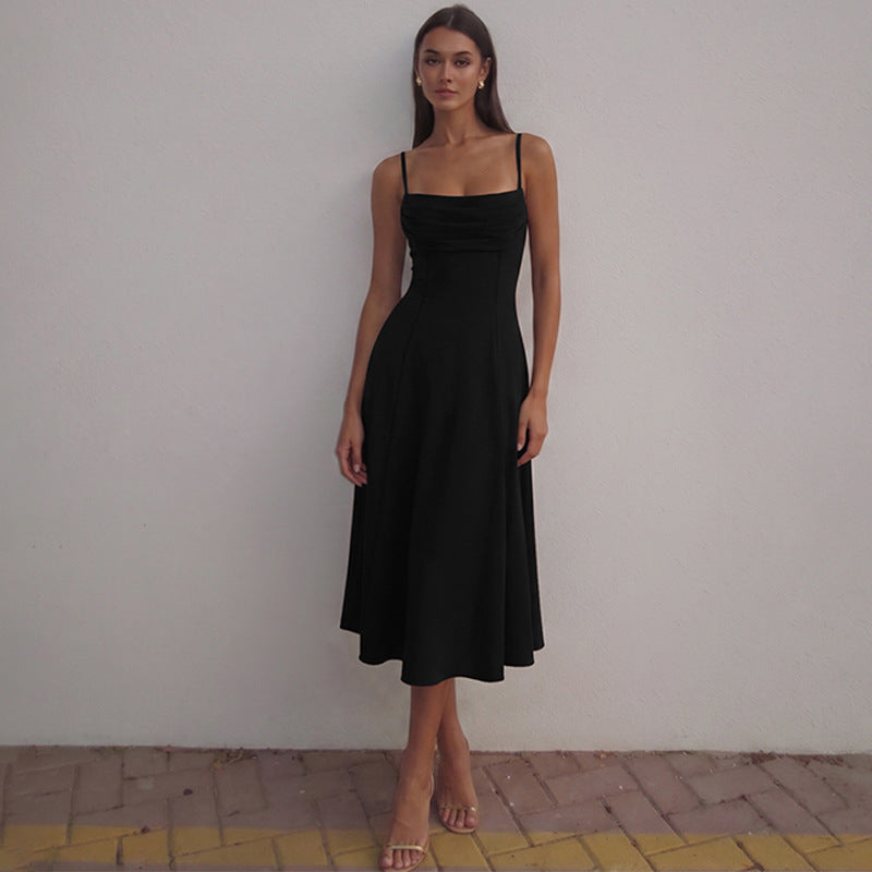 Women Clothing Summer Suspender Pleated off Neck Cinched Swing Dress Fashionable Elegant Dress