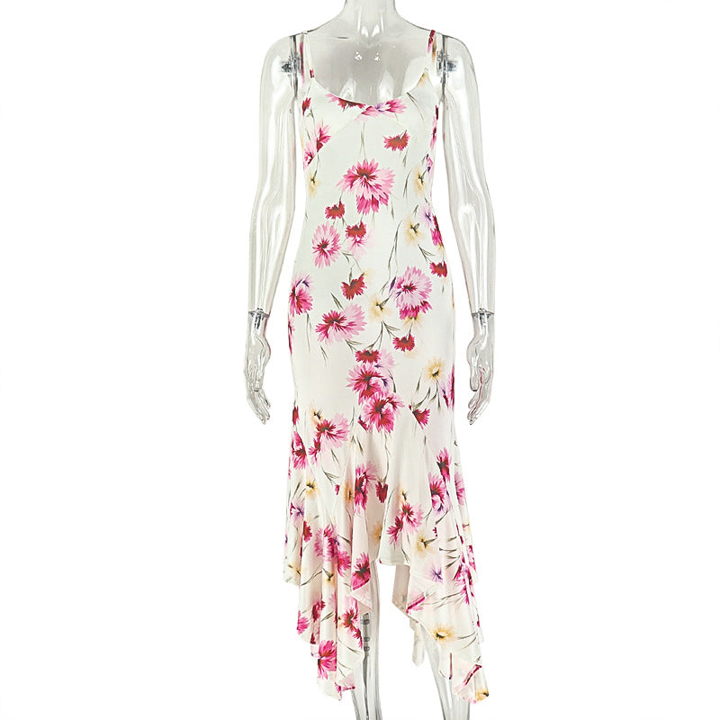 Outing Sweet Women Slim Fit Breathable Printed Cami Dress U Collar Sleeveless Long Dress