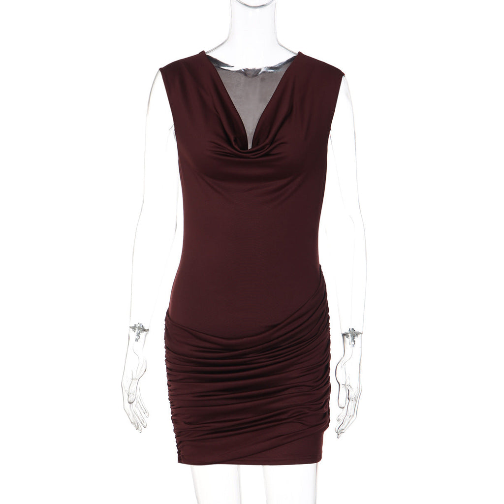 Women Clothing Sexy V neck Slim Ruffle Hip Sleeveless Dress