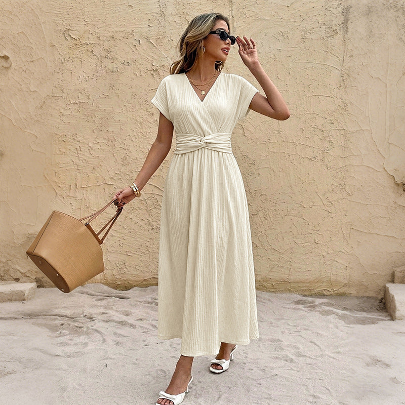 Holiday Maxi Dress Texture Solid Color Flounced Sleeve Tied V neck Dress