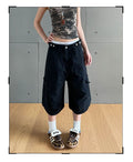 Retro Workwear with Pocket Women Loose Straight Wide Leg Jeans