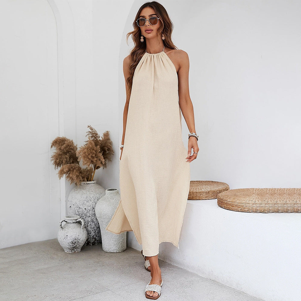 Woven Elegant Design Bare Back Seaside Holiday Halter Dress