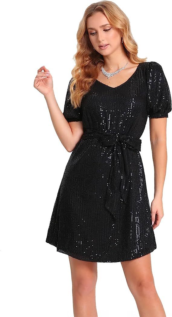 Women Short Sleeve V neck Sequ Mini Sequin Dress with Belt Shiny Cocktail Party Dress Elegant