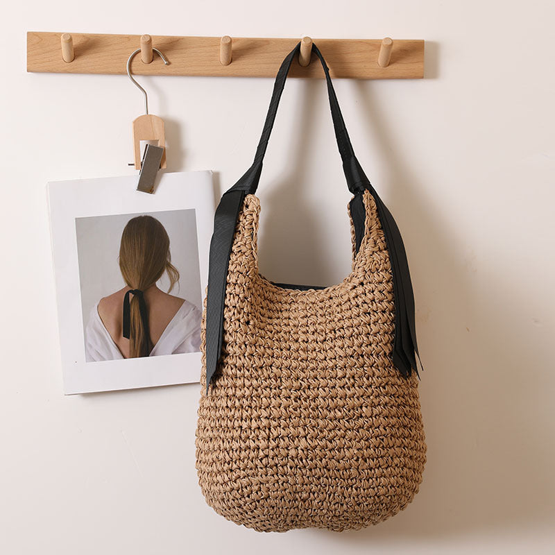 Woven Straw Shoulder Bag with Ribbon Detail Natural Green - Image 5