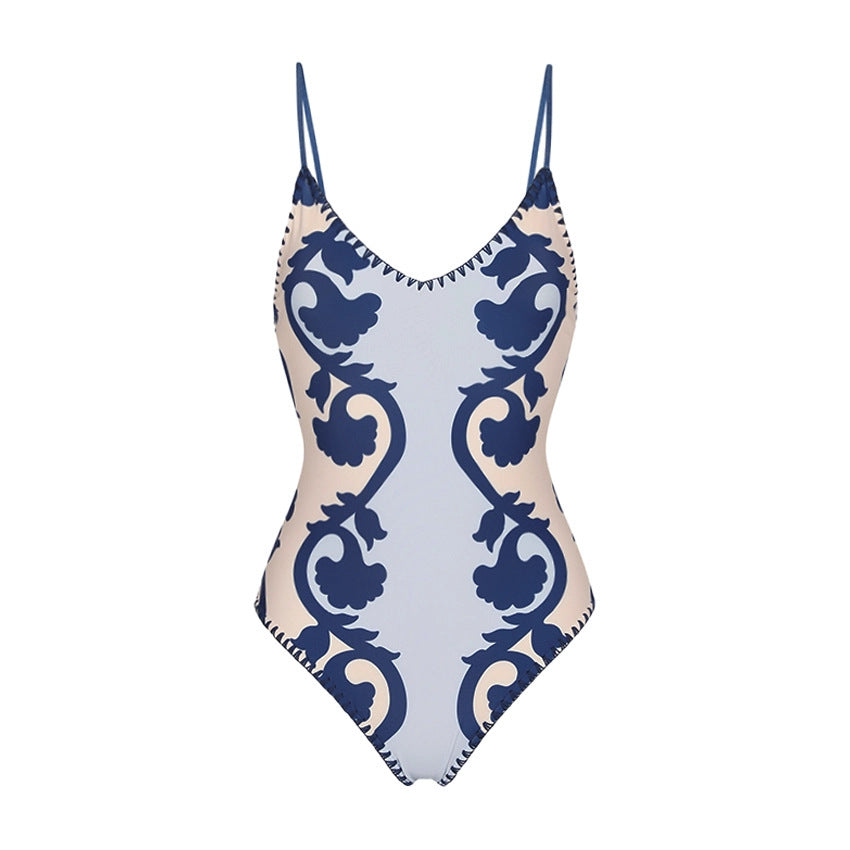 Retro Pattern One Piece Swimsuit Women Two Piece Ethnic Print Vacation Swimsuit