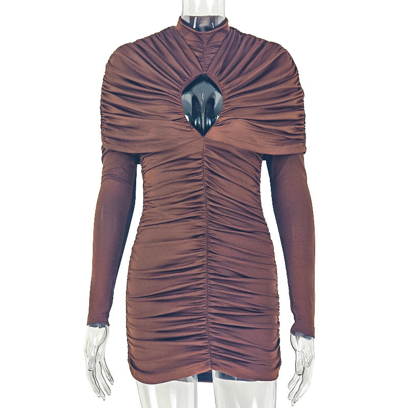 Sexy Cutout Turtleneck Bodycon Mini Dress Long Sleeve Ruched Fit