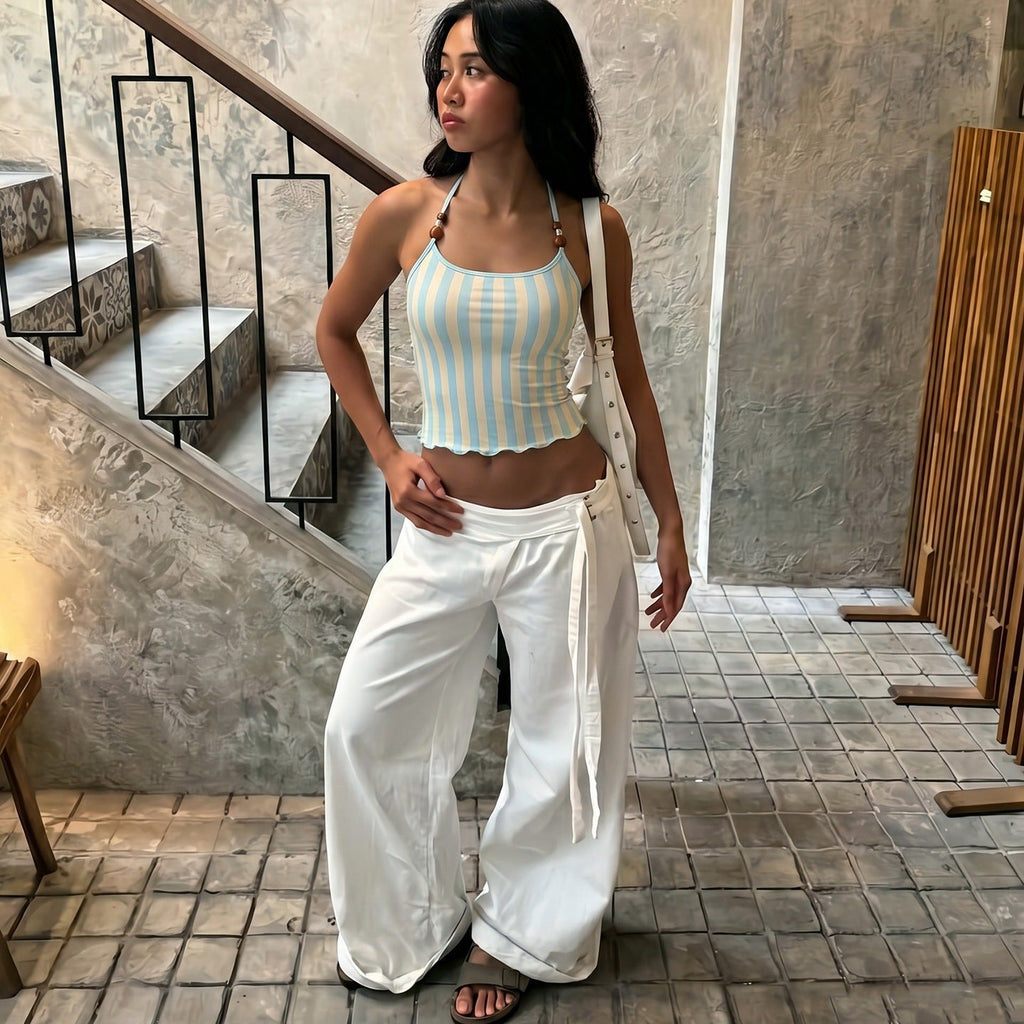 Summer Women Clothing Sexy Halter Beaded Backless Slim Fit Striped Printed Vest Top