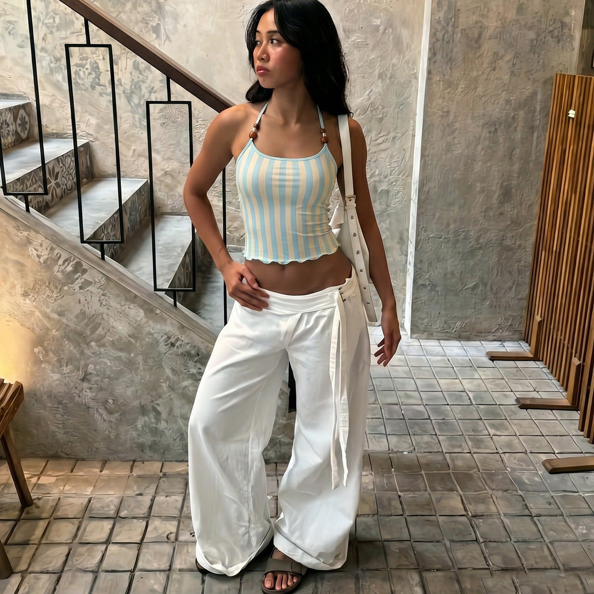 Summer Women Clothing Sexy Halter Beaded Backless Slim Fit Striped Printed Vest Top
