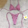 Striped Low Waist Backless Bikini in Burgundy and Light-Pink