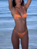 Floral Printed Three-Piece Backless Beach Swimsuit with Halter Strap