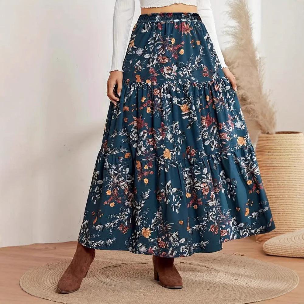Printed Bohemian Asymmetric Midi Skirt in Peacock Green or Khaki